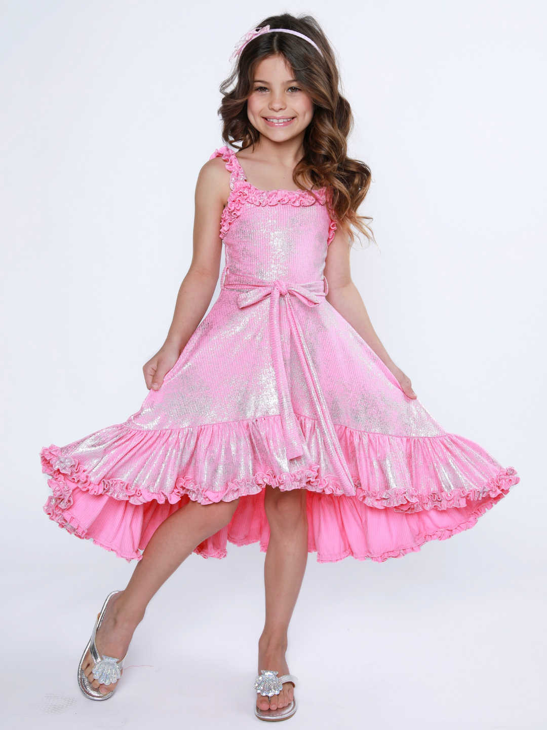 pink shimmer ruffle hi lo dress for girls