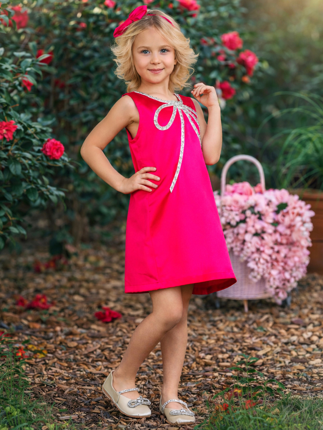 Fuchsia Flora Crystal-Bow Party Dress