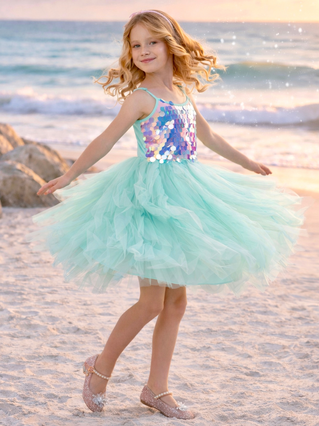 Girl wearing iridescent sequin dress with soft tulle skirt for party