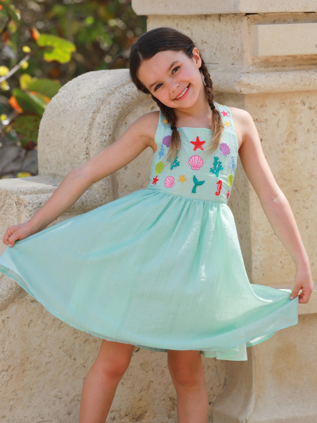 girls tropical vacation outfit aqua dress with sea life design