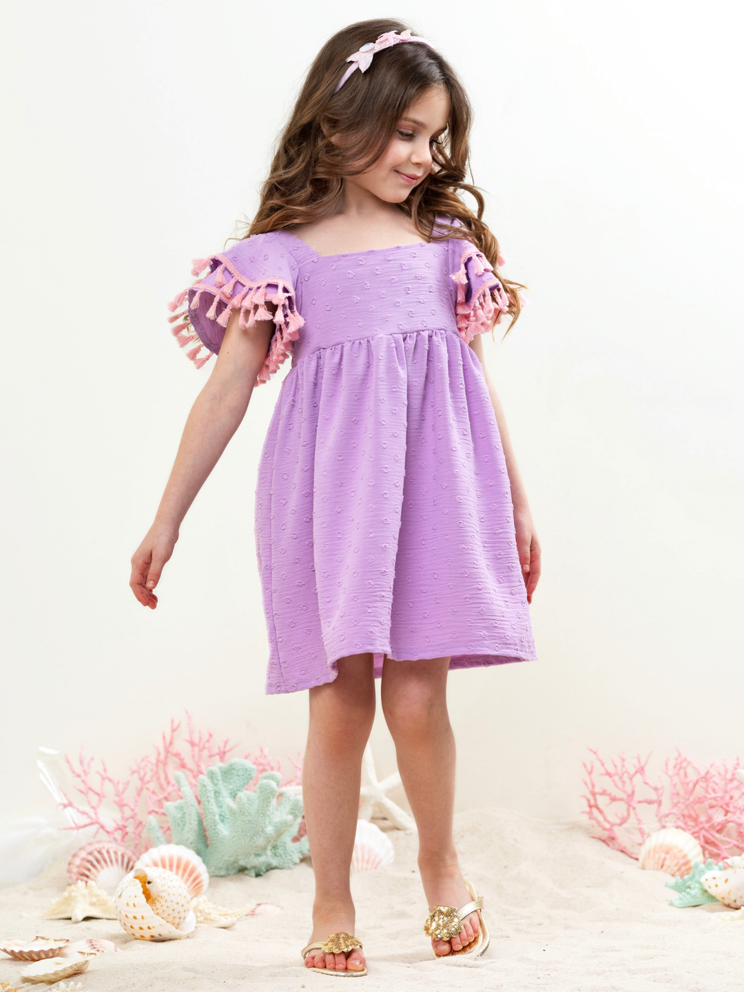 lavender tassel sleeve dress for girls