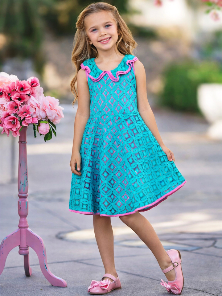 Girls teal twirl dress with pink trim for special occasions