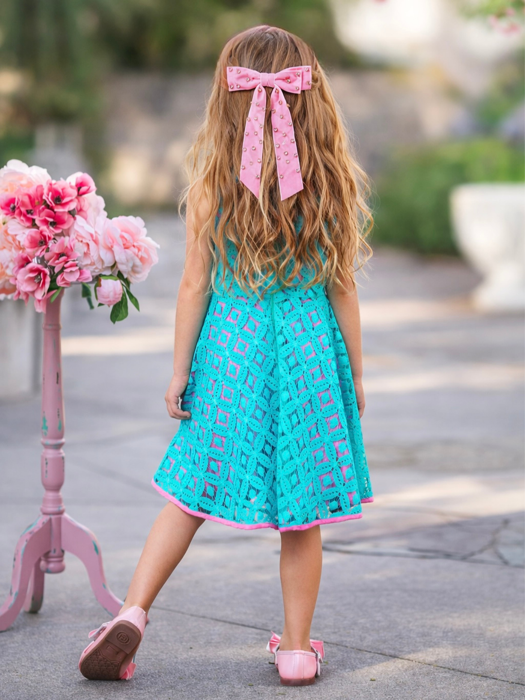 Teal and pink spring dress for girls graduation and church