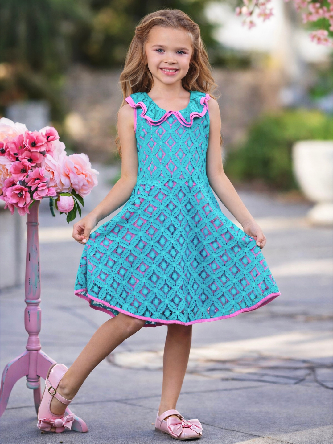 Girls teal lace party dress for Easter and spring pictures