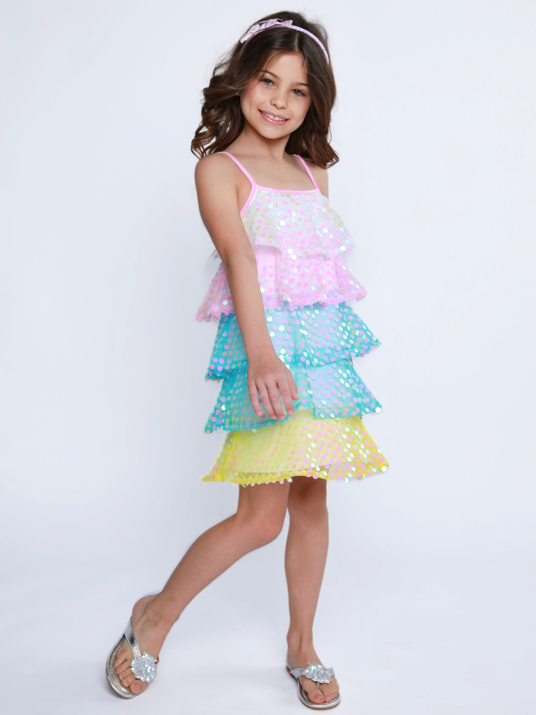 girls rainbow sparkle dress with tiered ruffle skirt