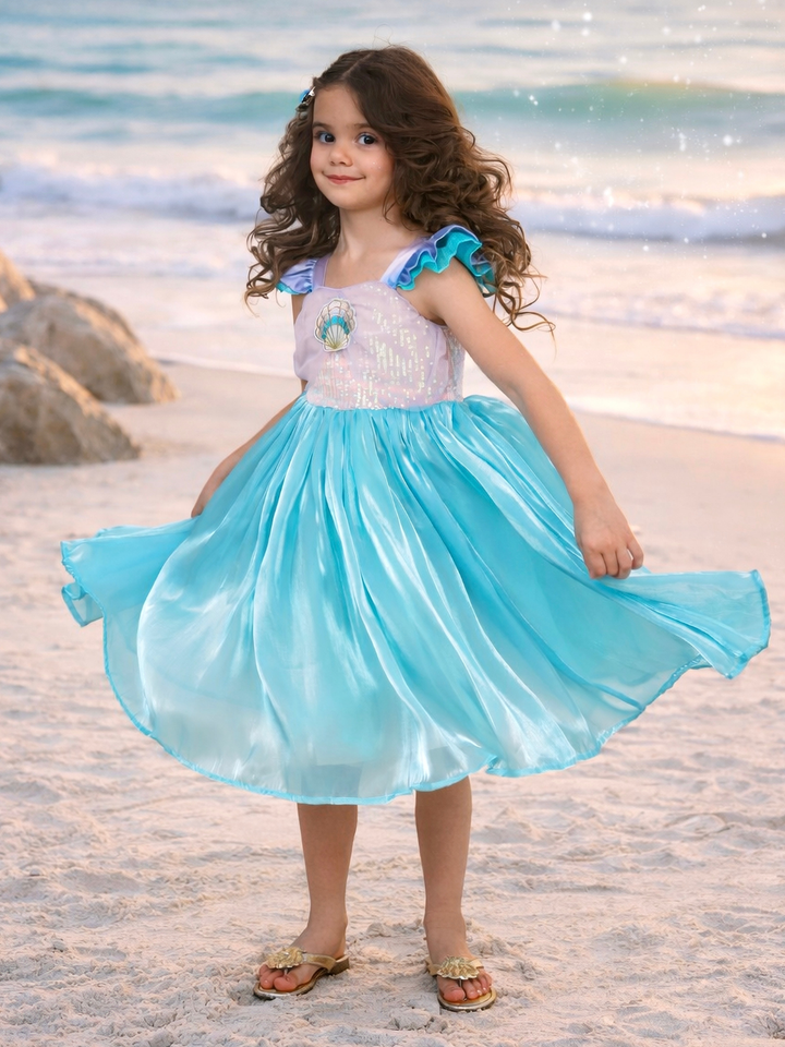 girls beach inspired mermaid dress with seashell detail