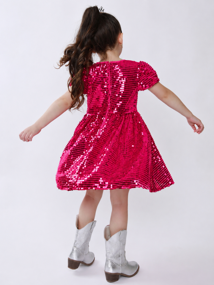 Sparkle Twirl Pink Sequin Puff Sleeve Dress Mia Belle Girls