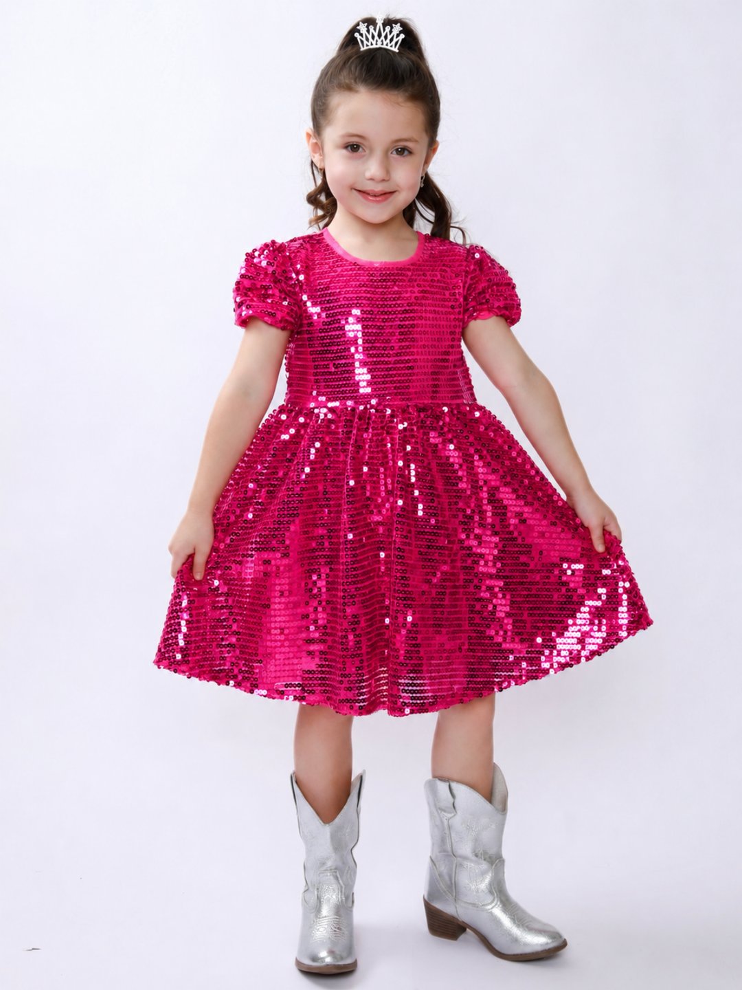 Sparkle Twirl Pink Sequin Puff Sleeve Dress Mia Belle Girls