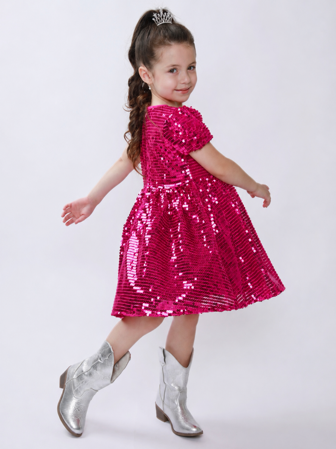 Sparkle Twirl Pink Sequin Puff Sleeve Dress Mia Belle Girls