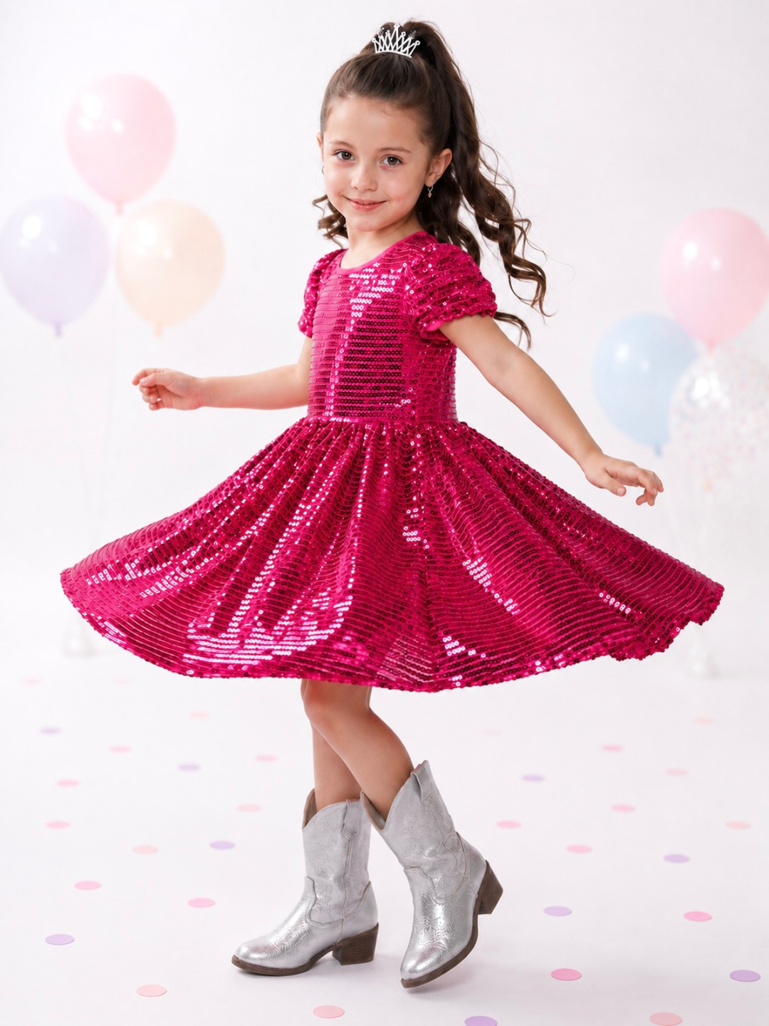 Sparkle Twirl Pink Sequin Puff Sleeve Dress Mia Belle Girls
