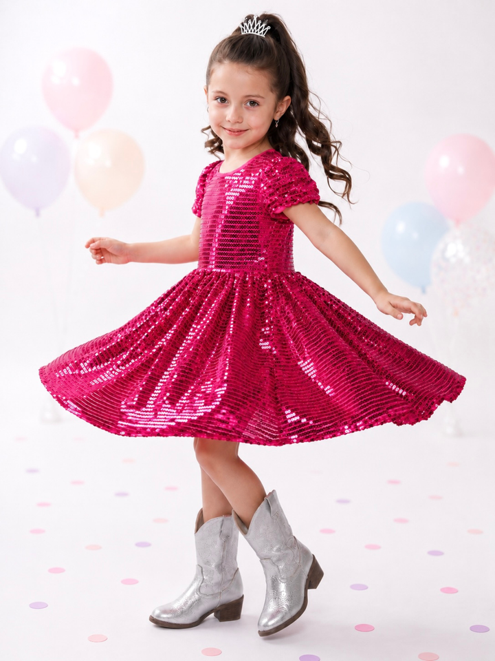Sparkle Twirl Pink Sequin Puff Sleeve Dress Mia Belle Girls