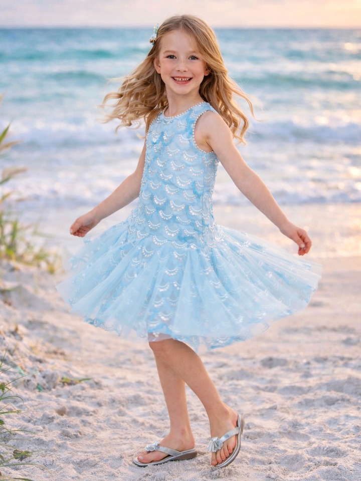 girls mermaid inspired blue sparkle dress