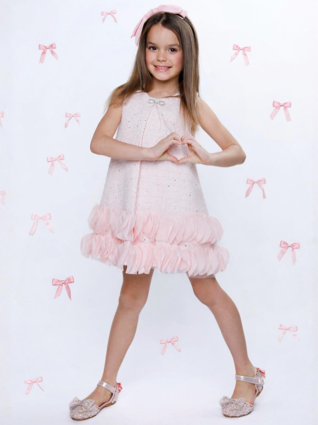 Elegant Bow Pearl Tweed Shift Dress Mia Belle Girls