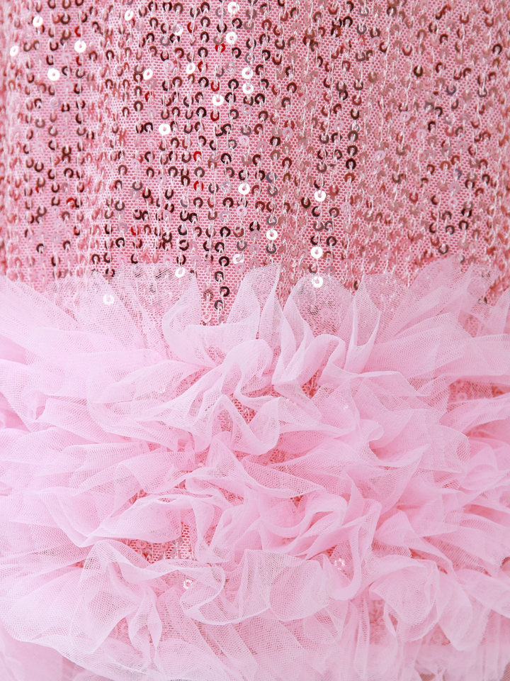 Glam Sparkle Pink Sequin Feather Hem Dress Mia Belle Girls