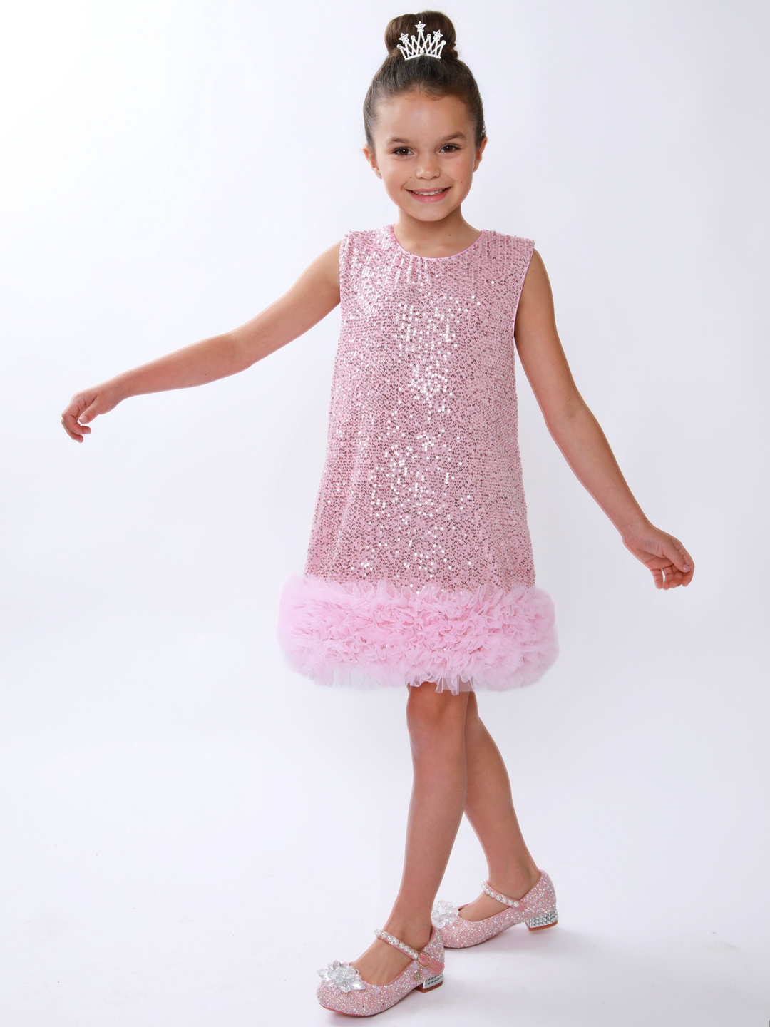 Glam Sparkle Pink Sequin Feather Hem Dress Mia Belle Girls