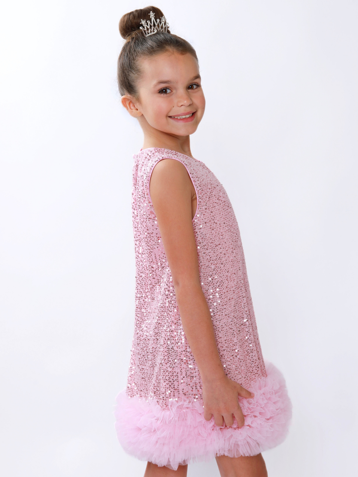 Glam Sparkle Pink Sequin Feather Hem Dress Mia Belle Girls