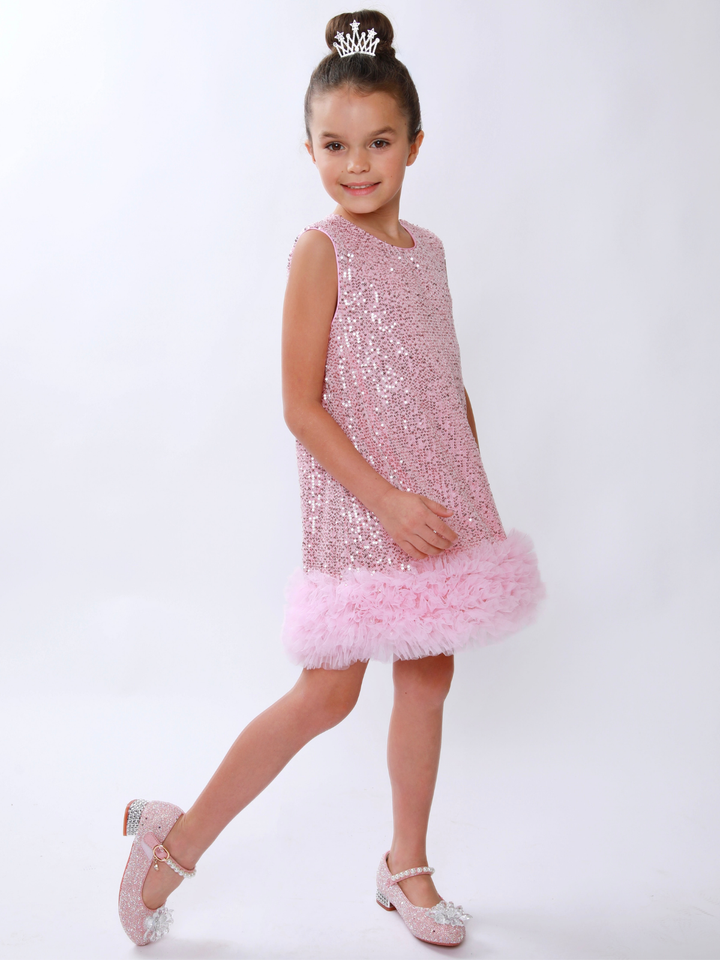 Glam Sparkle Pink Sequin Feather Hem Dress Mia Belle Girls