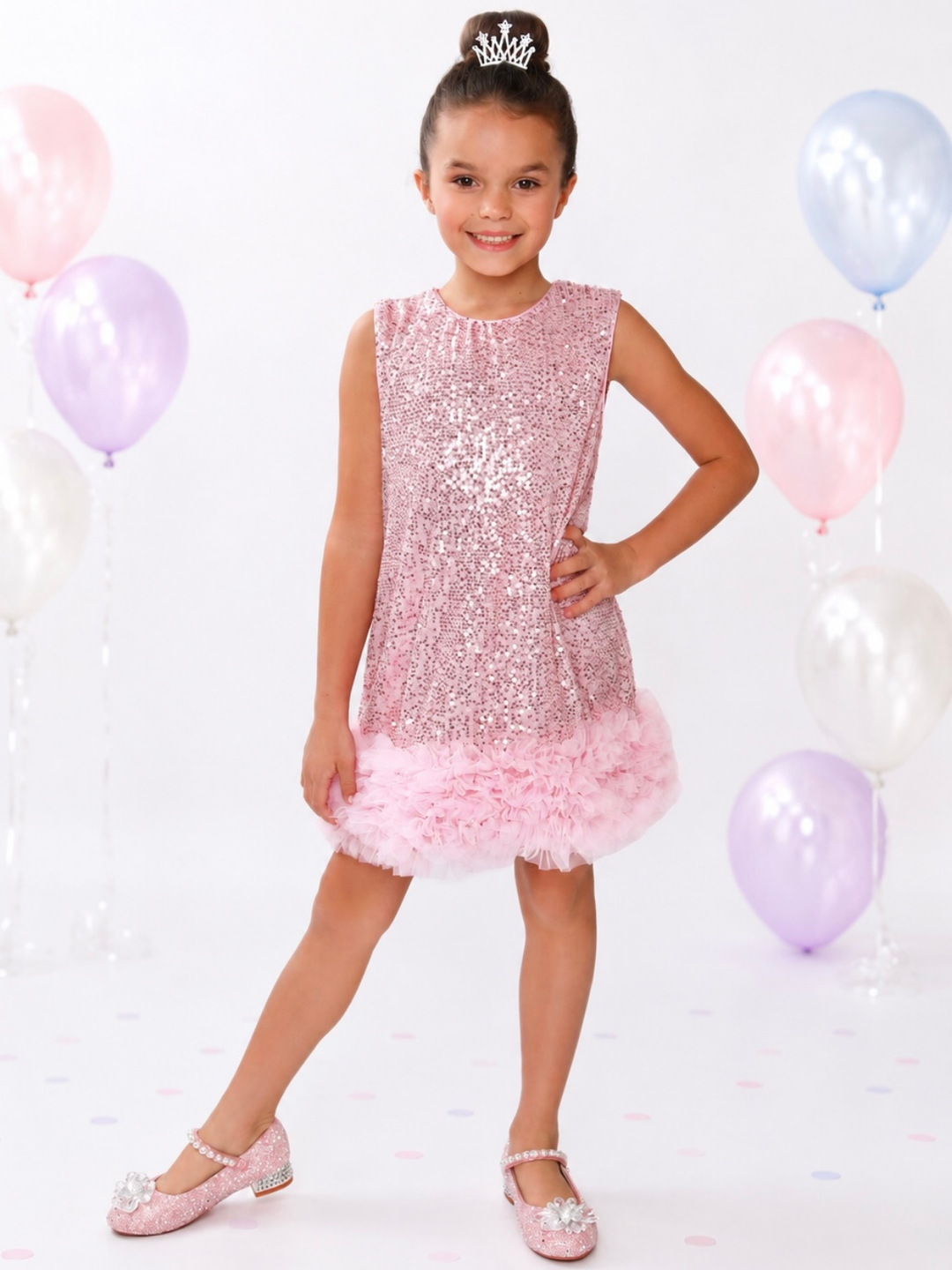 Glam Sparkle Pink Sequin Feather Hem Dress Mia Belle Girls
