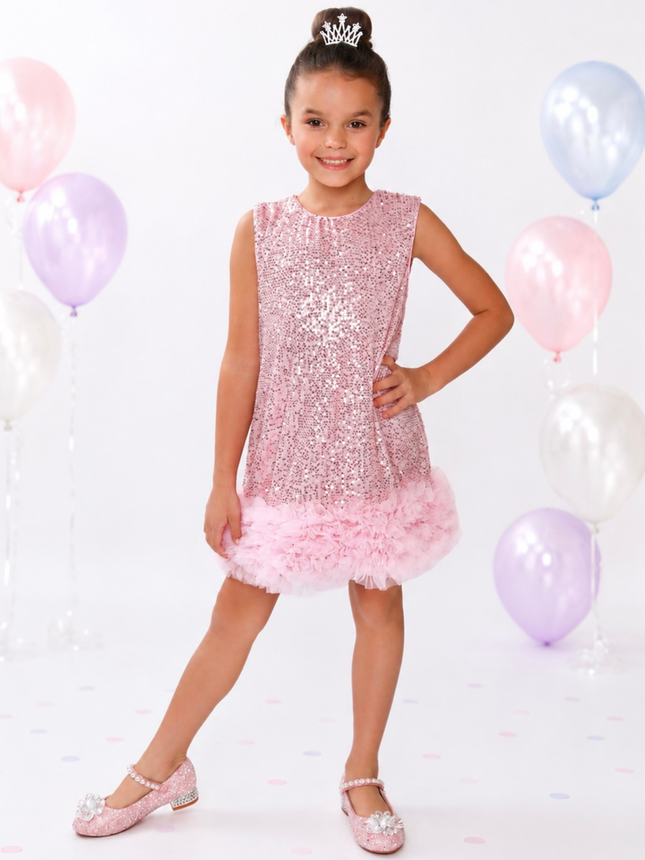 Glam Sparkle Pink Sequin Feather Hem Dress Mia Belle Girls