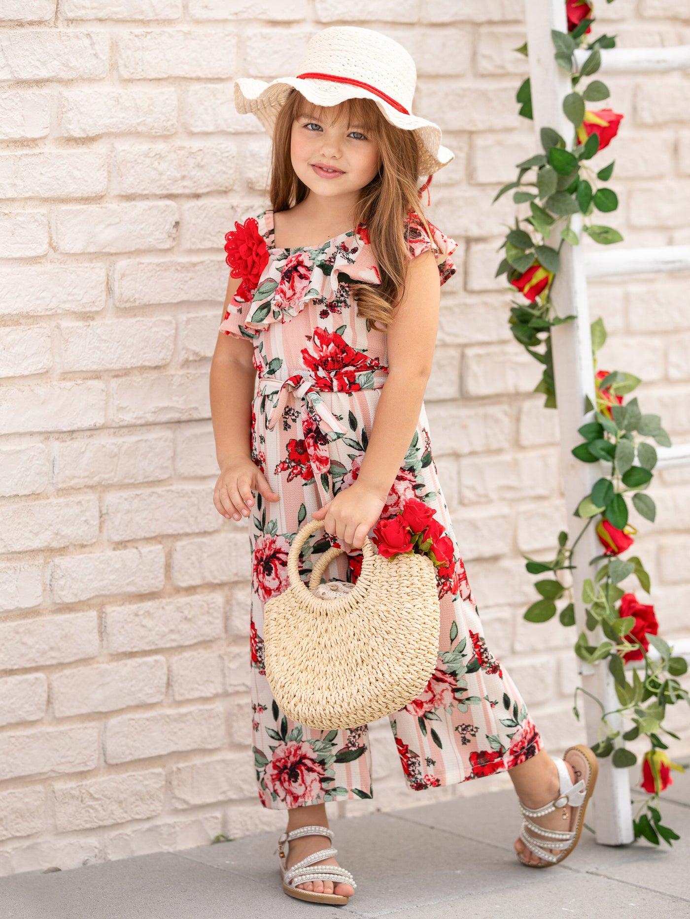 Cute Toddler Outfit | Girls Floral Striped One Shoulder Jumpsuit