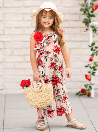Cute Toddler Outfit | Girls Floral Striped One Shoulder Jumpsuit