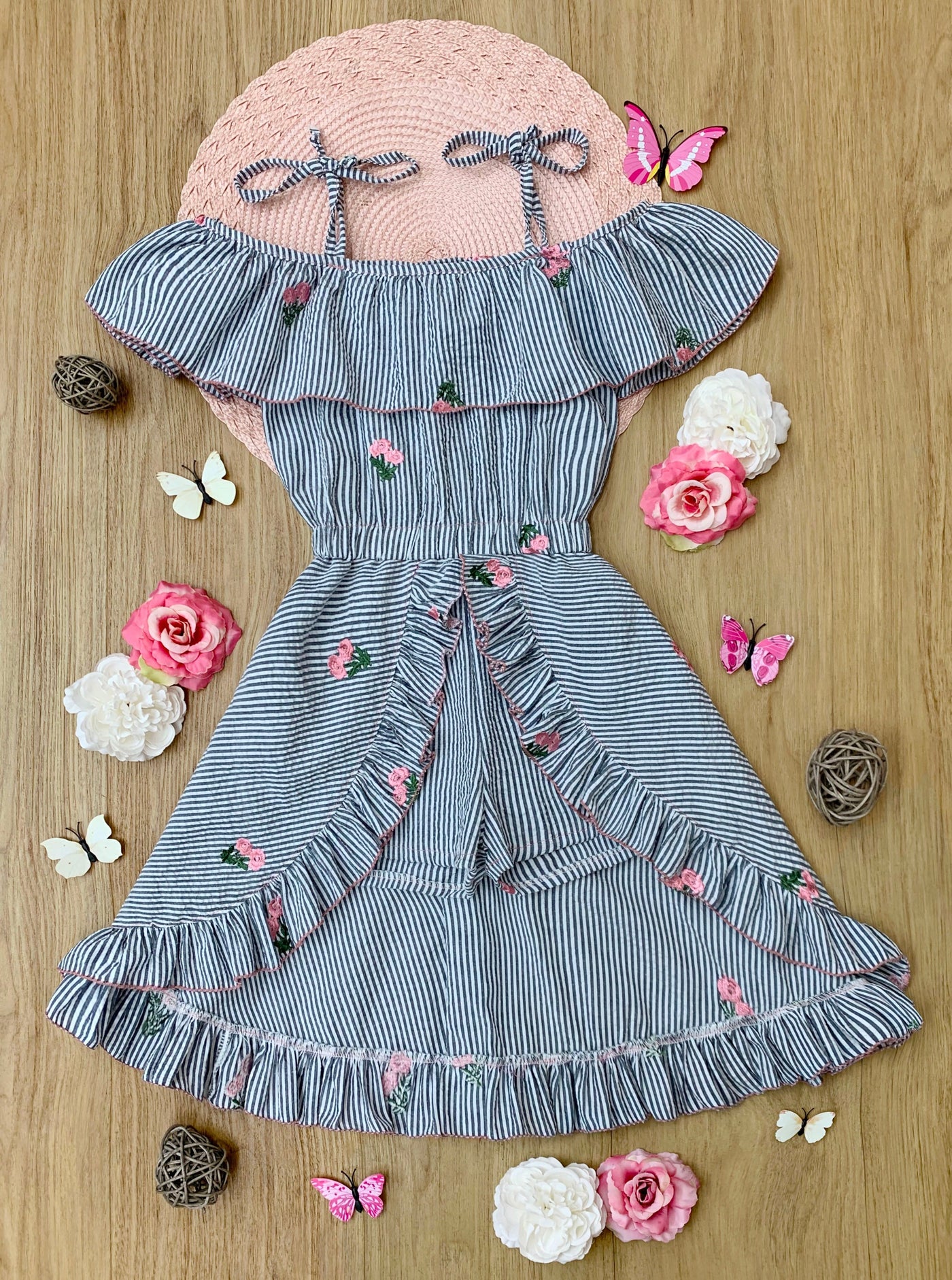 Mia Belle Girls Pinstripe Romper Dress | Girls Spring Outfits
