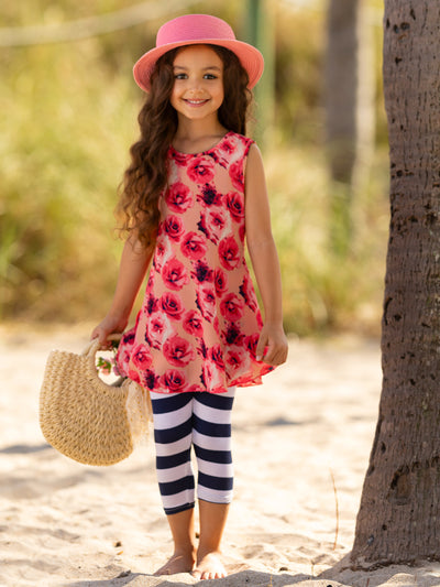 Mia Belle Girls Rose Tunic & Stripe Legging Set | Resort Wear