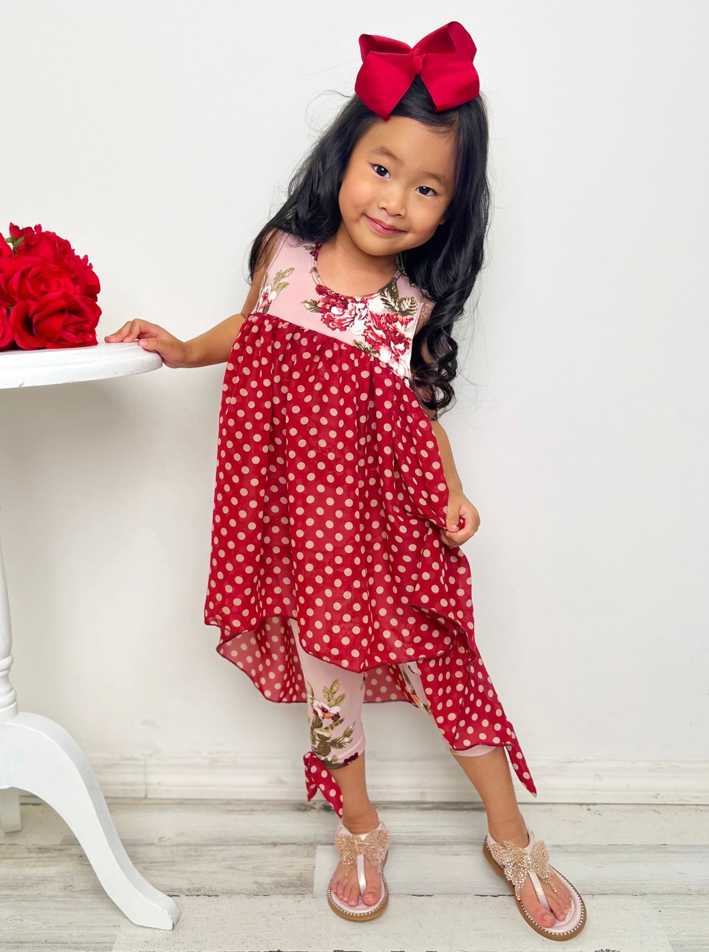 Kids Spring Clothes | Girls Polka Dots Hi Lo Tunic & Bow Legging Set 