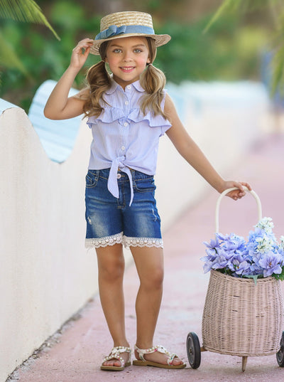 Toddler Spring Outfits | Girls Girl Blue Striped Top & Denim Shorts
