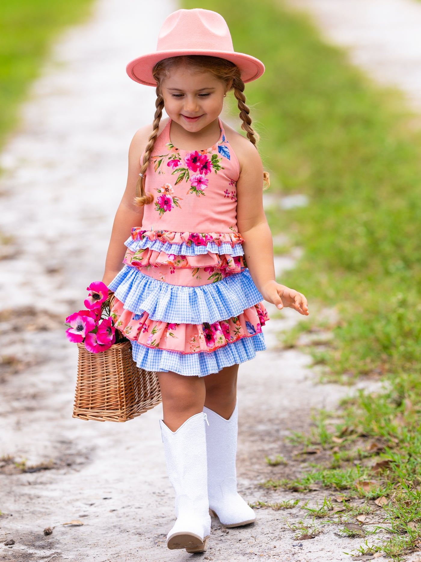 Cute Spring Dresses | Girls Floral Plaid Ruffled Halter Skirt Set