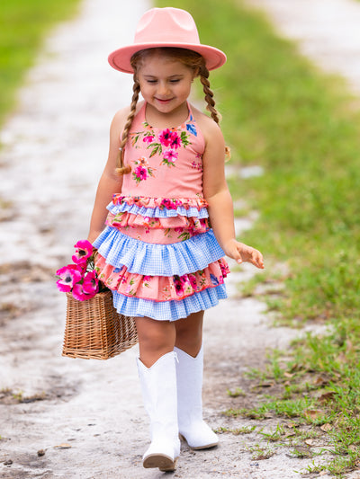 Cute Spring Dresses | Girls Floral Plaid Ruffled Halter Skirt Set