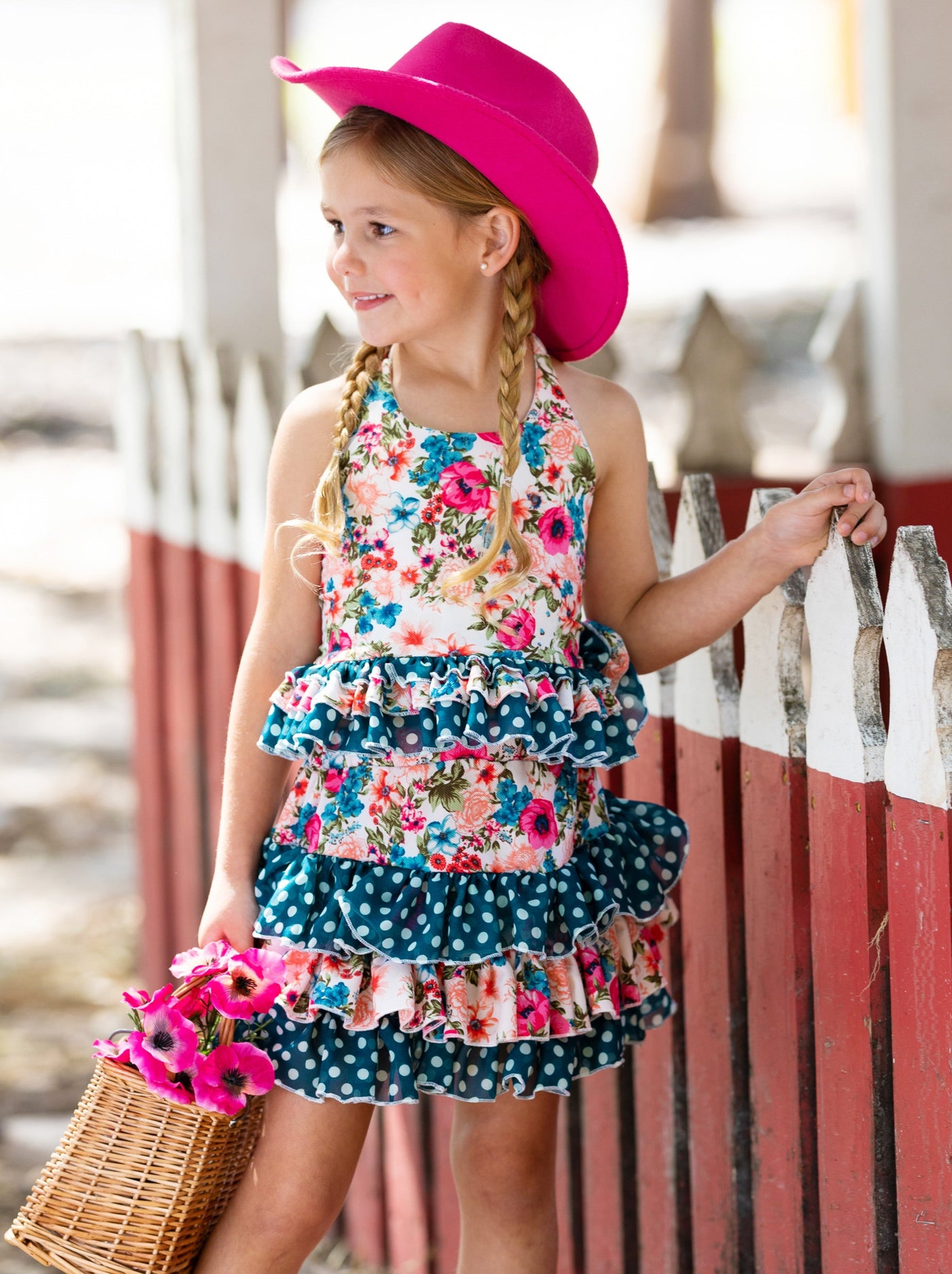 Cute Spring Dresses | Girls Floral Polka Dot Ruffled Halter Skirt Set