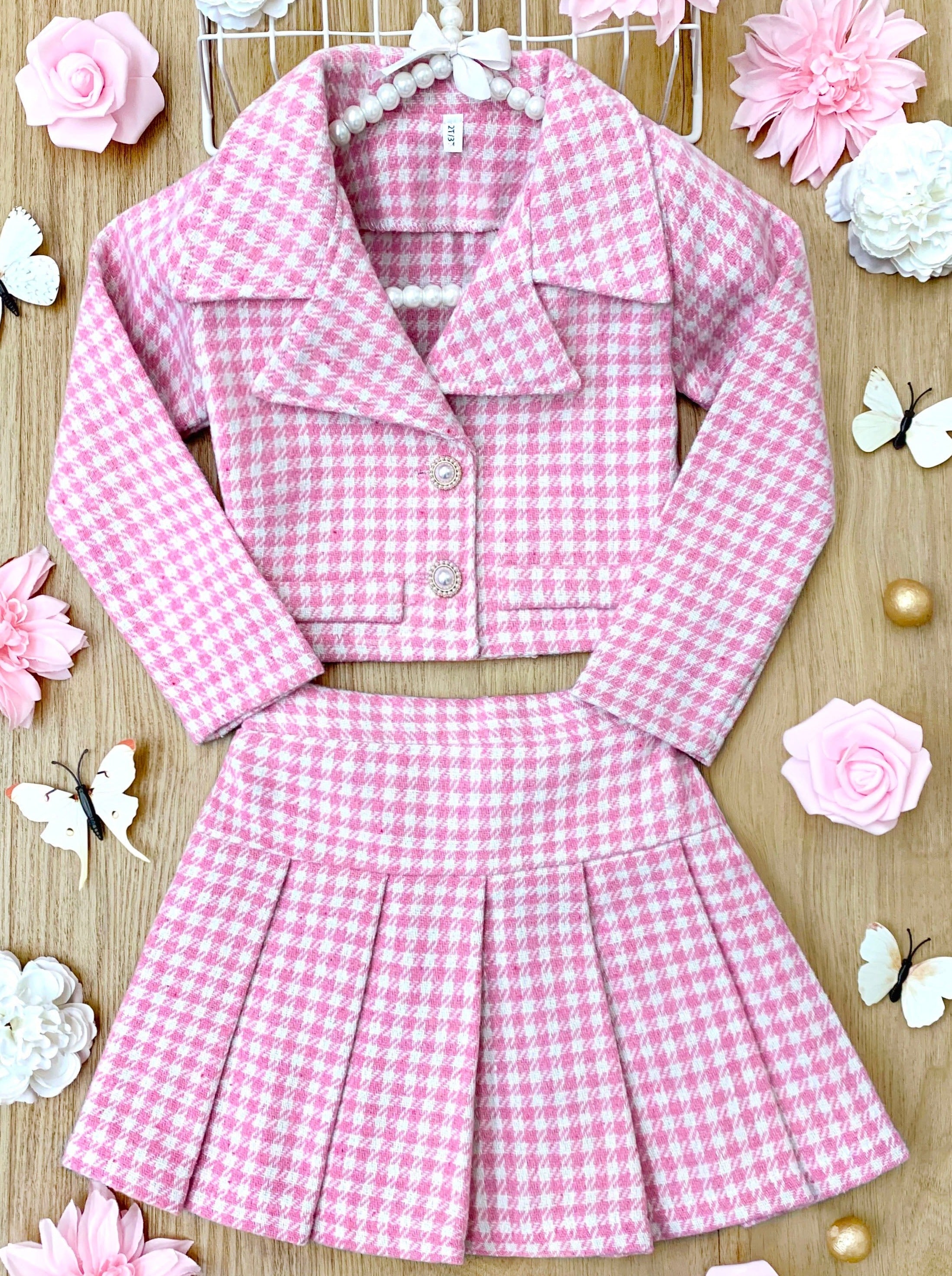 Preppy Chic Sets | Tweed Blazer & Pleated Skirt Set | Mia Belle Girls