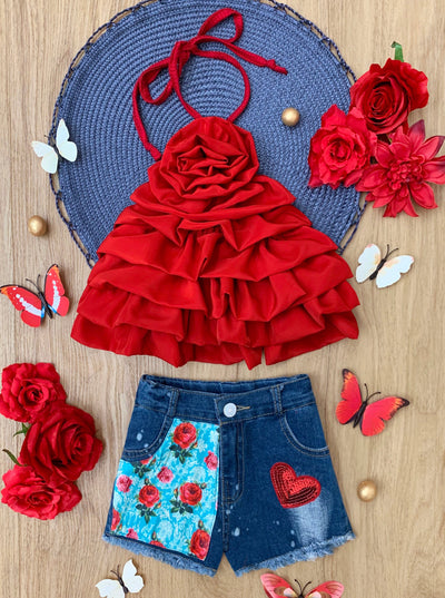 My Darling Blossom Red Rosette Tiered Top And Shorts Set