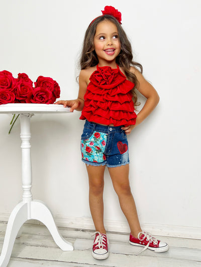 My Darling Blossom Red Rosette Tiered Top And Shorts Set
