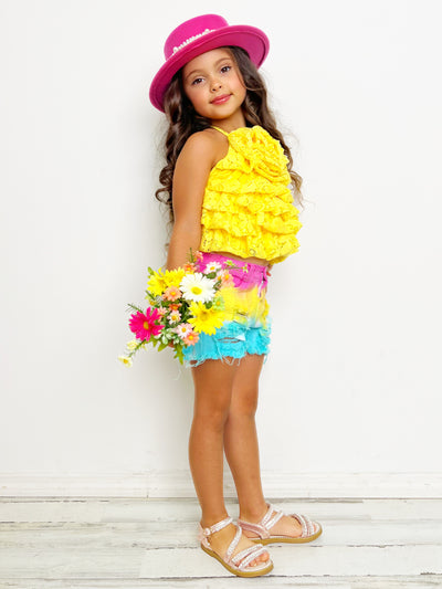 Mia Belle Girls Yellow Rose Tiered Top & Shorts Set | Resort Wear