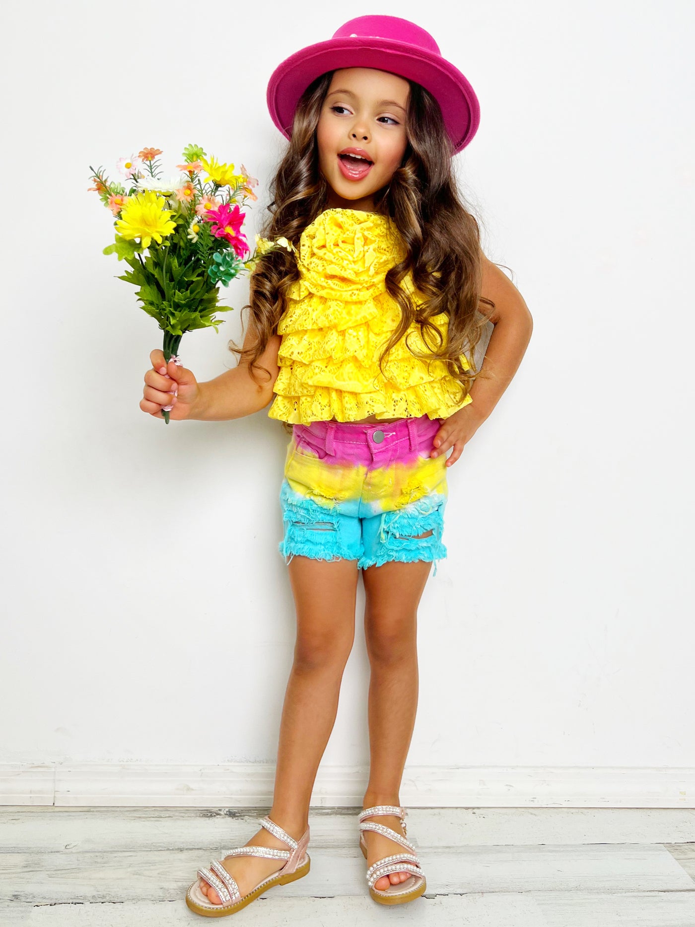 In Full Bloom Yellow Rose Tiered Top And Shorts Set
