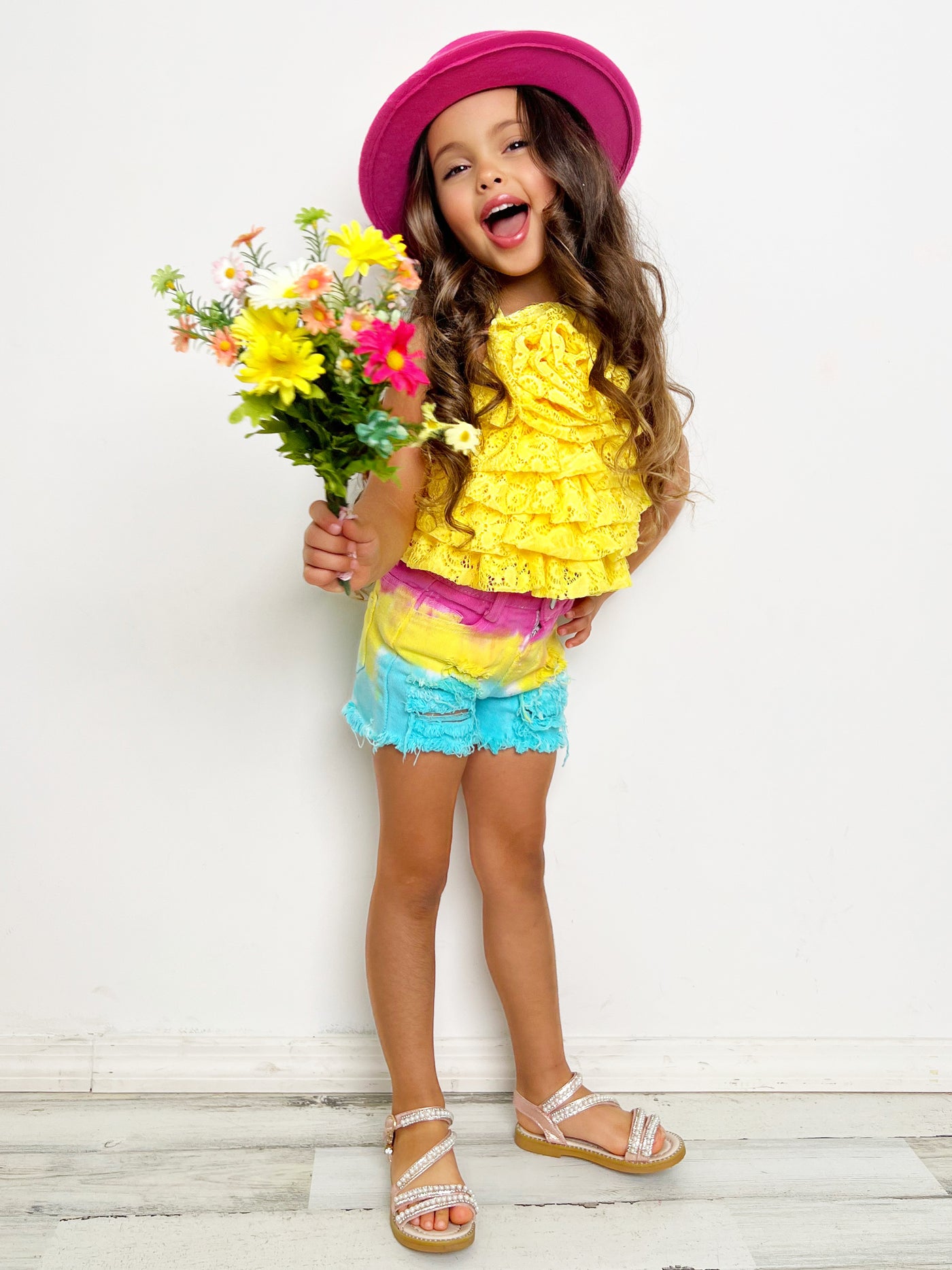 Mia Belle Girls Yellow Rose Tiered Top & Shorts Set | Resort Wear
