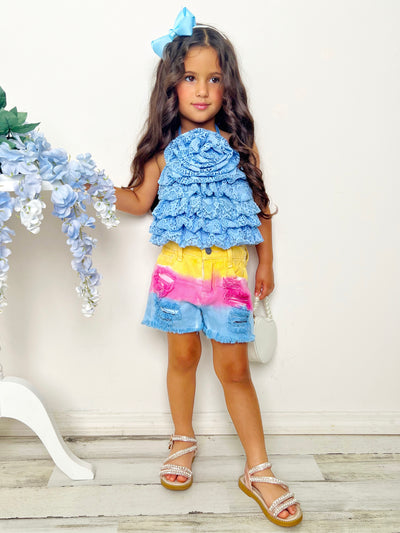 In Full Bloom Blue Rose Tiered Top And Shorts Set