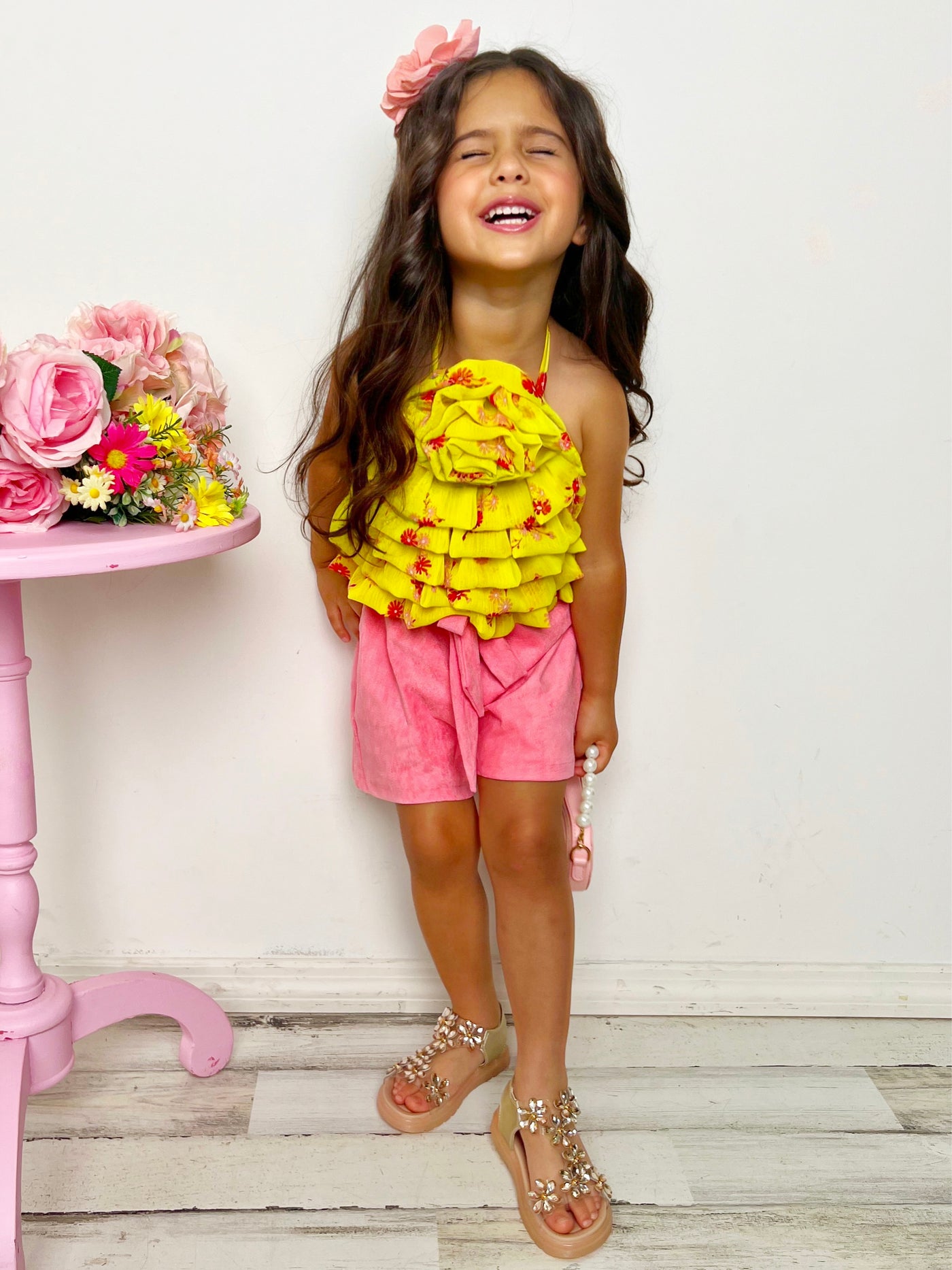 Mia Belle Girls Yellow Rose Tiered Top & Suede Short Set | Resort Wear