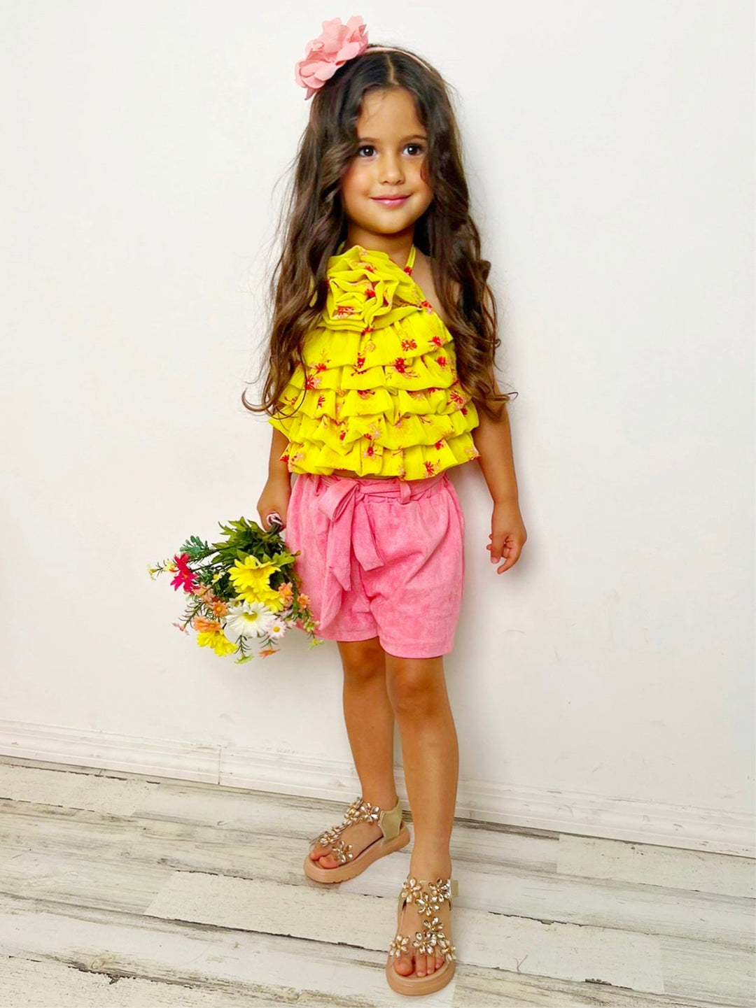 Mia Belle Girls Yellow Rose Tiered Top & Suede Short Set | Resort Wear