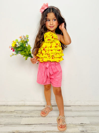 Mia Belle Girls Yellow Rose Tiered Top & Suede Short Set | Resort Wear