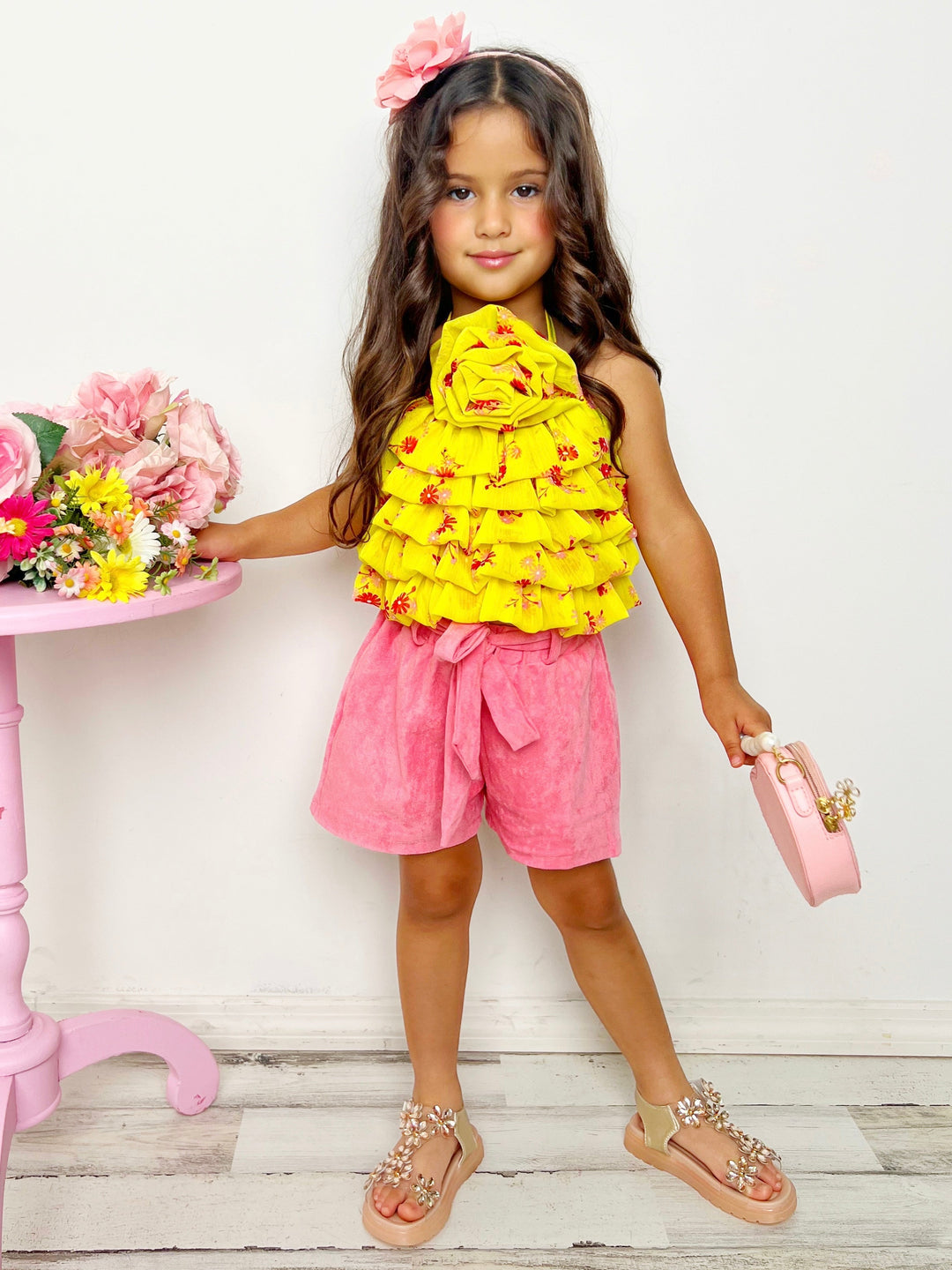 Mia Belle Girls Yellow Rose Tiered Top & Suede Short Set | Resort Wear