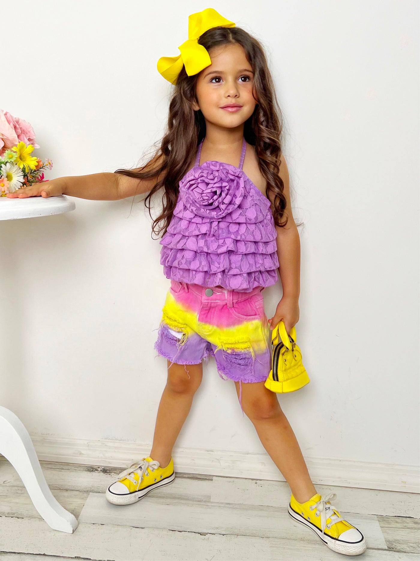 In Full Bloom Purple Rose Tiered Top And Shorts Set