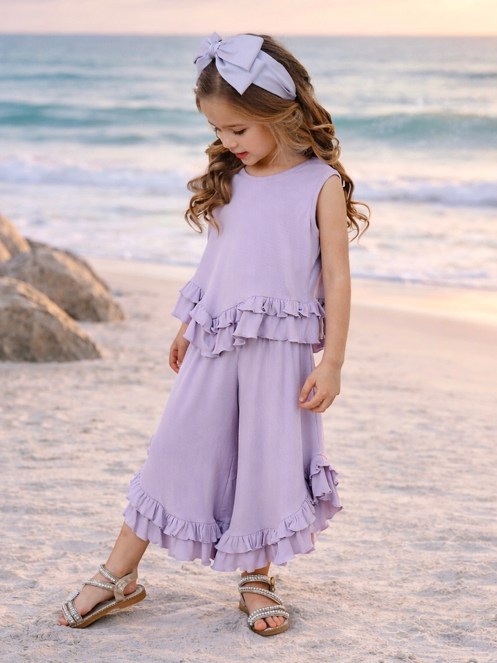 girls lavender ruffle top and wide leg pant set