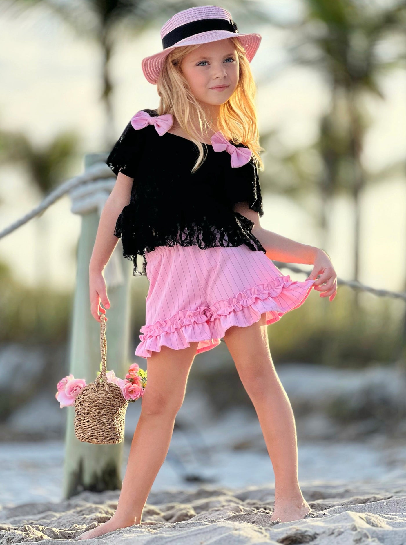 Mia Belle Girls Lace Top And Ruffle Short Set | Girls Spring Outfits