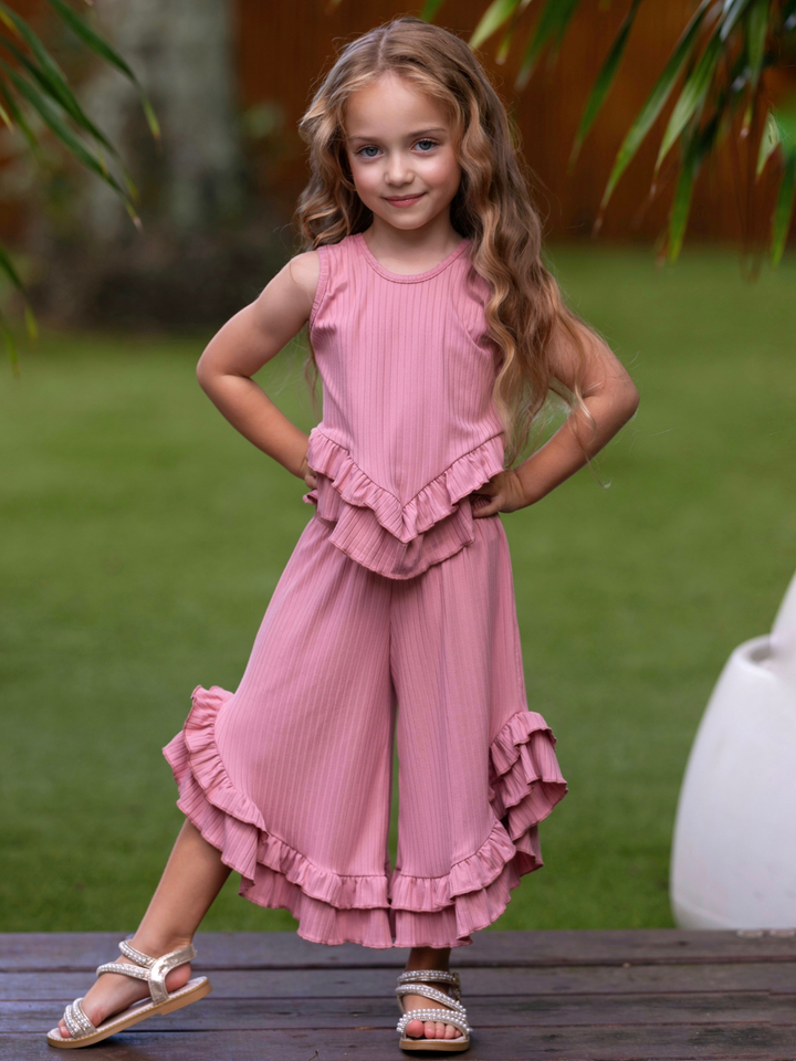 Rosewood Ribbed Ruffle Tank and Pants Set