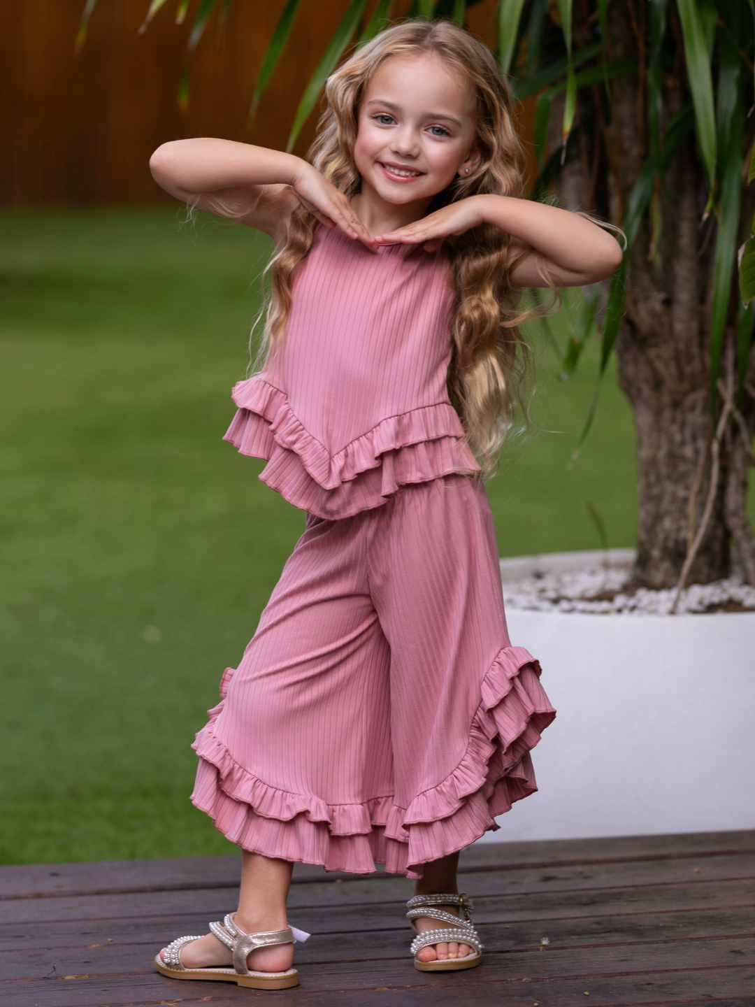 Rosewood Ribbed Ruffle Tank and Pants Set