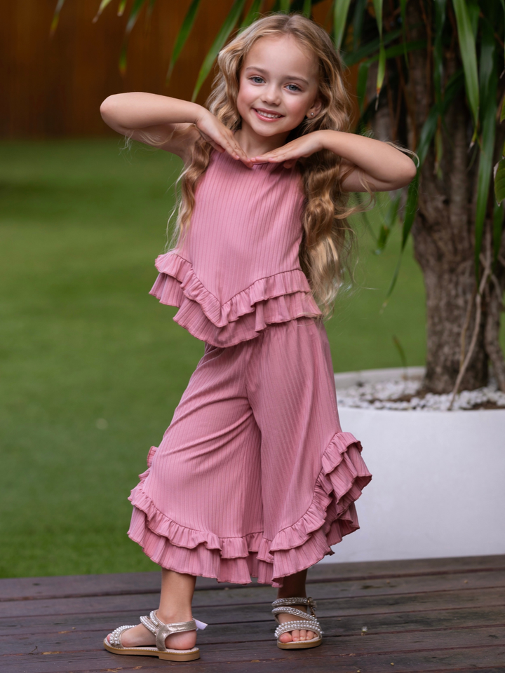 Rosewood Ribbed Ruffle Tank and Pants Set