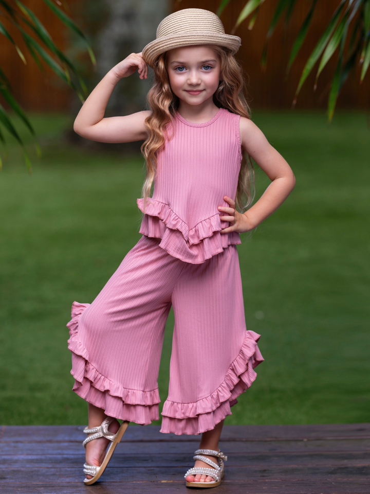 Rosewood Ribbed Ruffle Tank and Pants Set